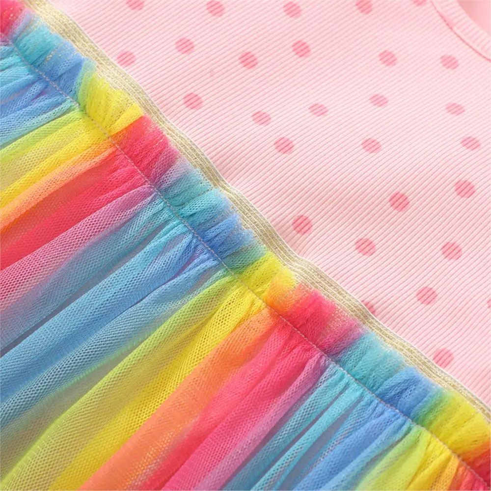2025 Rainbow Colorful Mesh Girls Dresses Children Party Dresses Split Joint Short Sleeve Dresses Kids