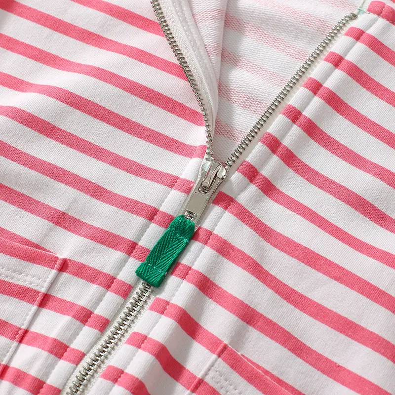 Girls' Hooded Jacket - with Pink and White Stripes, Strawberry - embroidered Pockets and Lined with Pink Fabric 2-7y