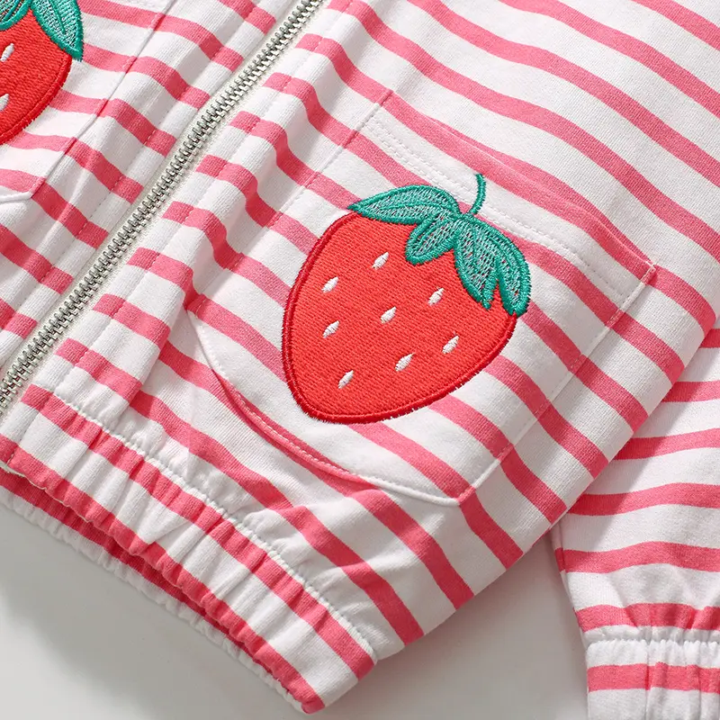 Girls' Hooded Jacket - with Pink and White Stripes, Strawberry - embroidered Pockets and Lined with Pink Fabric 2-7y