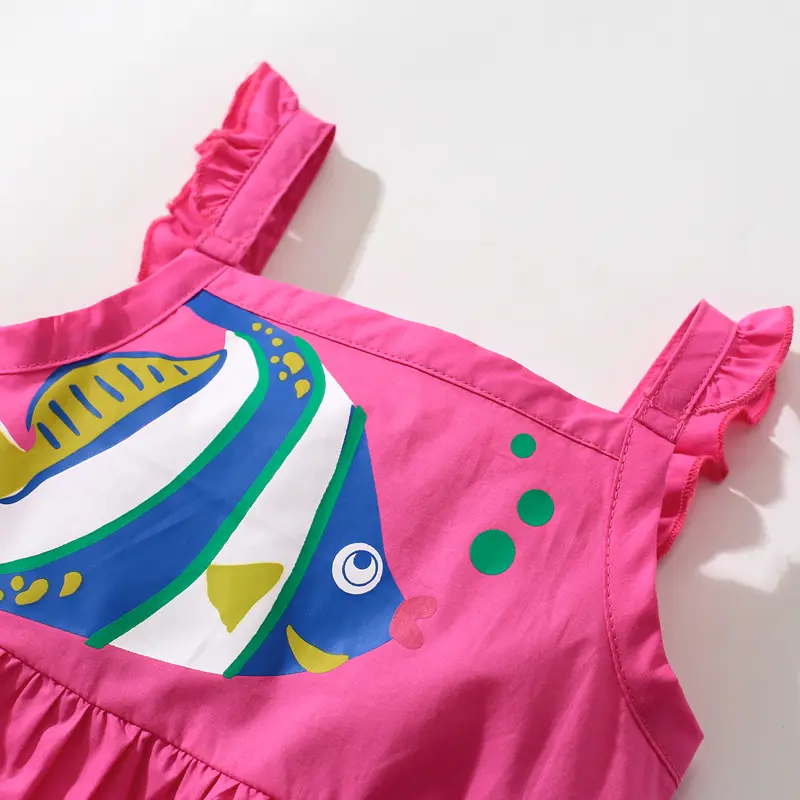 Girls' Pink Sleeveless Dress - with Ruffled Straps and Colorful Fish Prints - Suitable for Ages 2 - 7