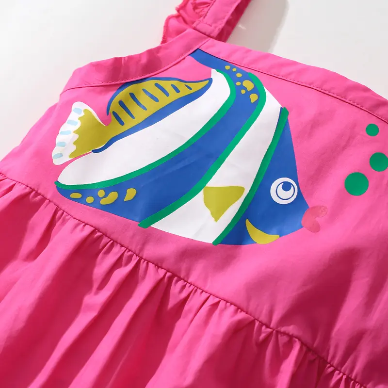Girls' Pink Sleeveless Dress - with Ruffled Straps and Colorful Fish Prints - Suitable for Ages 2 - 7