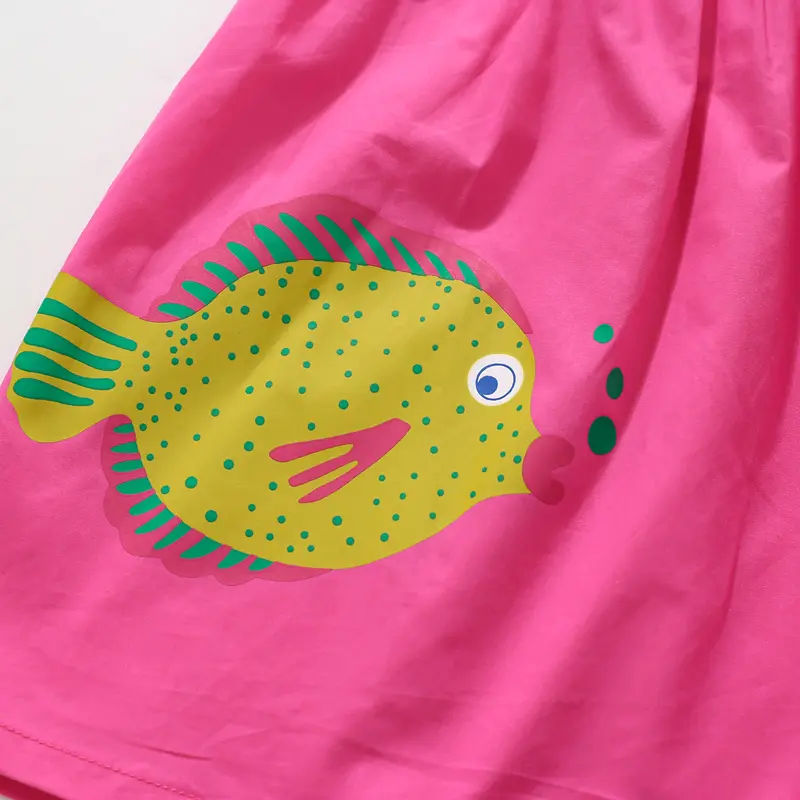Girls' Pink Sleeveless Dress - with Ruffled Straps and Colorful Fish Prints - Suitable for Ages 2 - 7