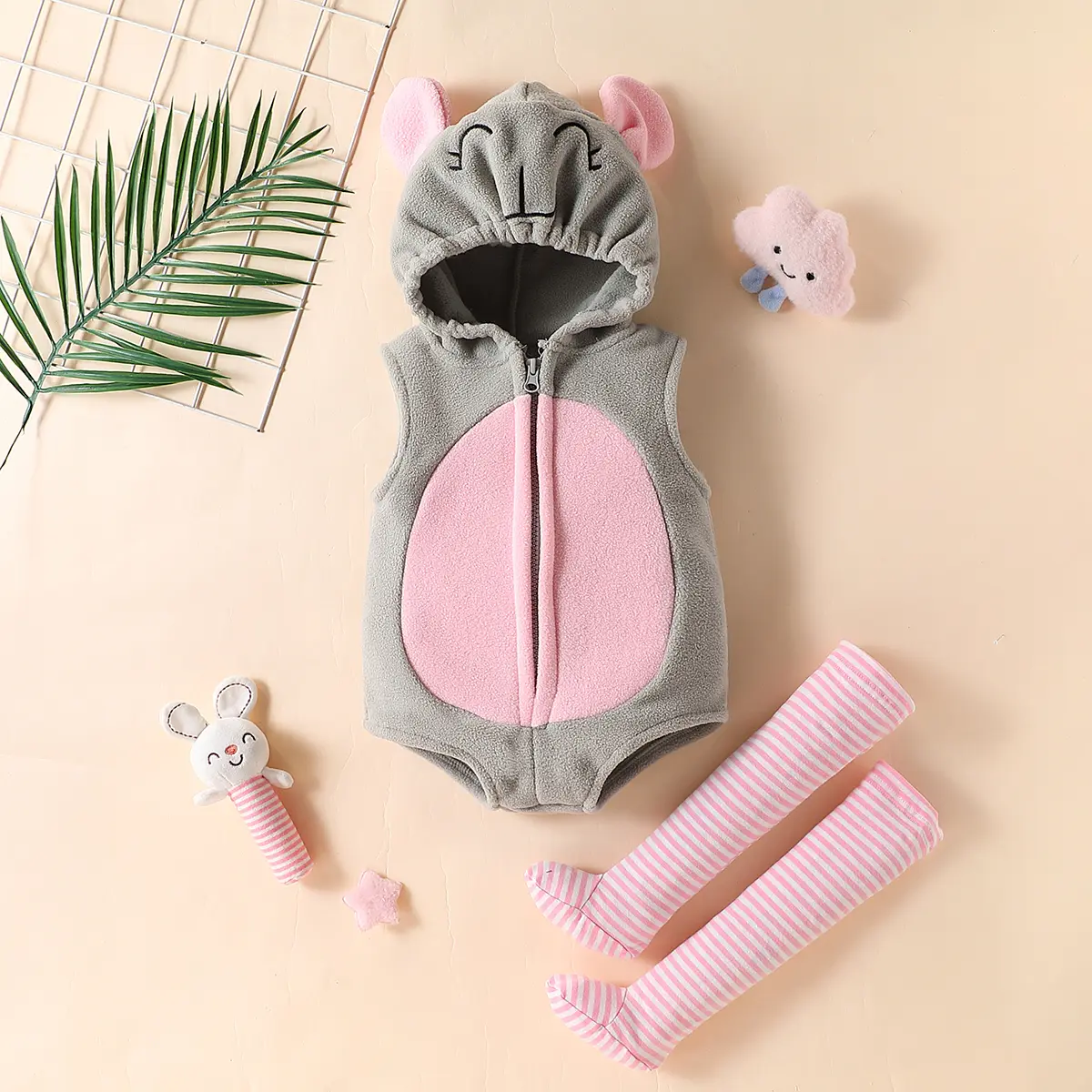 Cartoon Little Elephant Mouse Costume for Baby Infant Girls Hooded Sleeveless Short Romper With Pink Striped Stockings