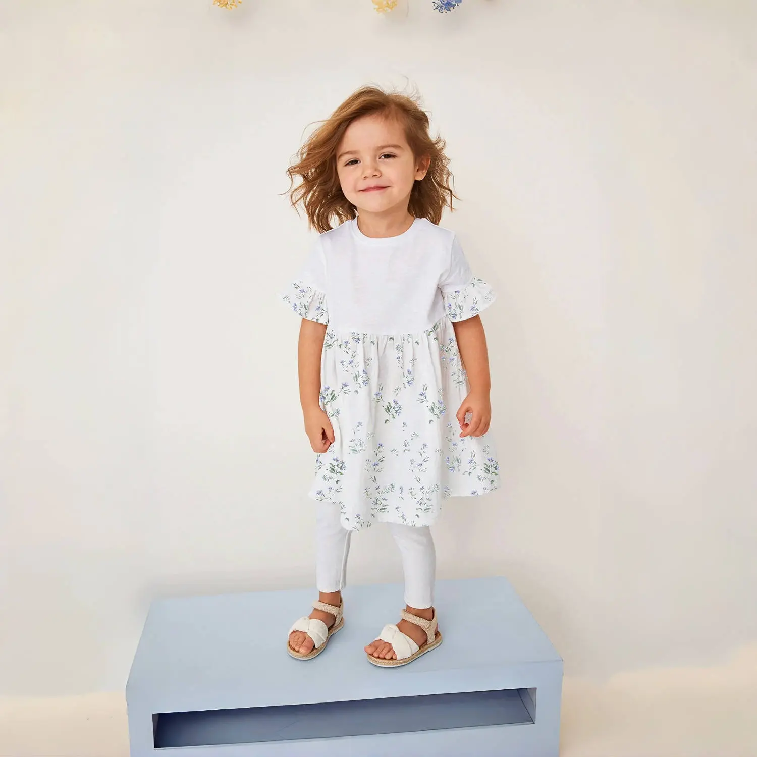 2Pcs Girls' Cute Floral Print Short Sleeve Dress and Pants Set Ruffled Sleeves, Comfortable Kids' Outfit
