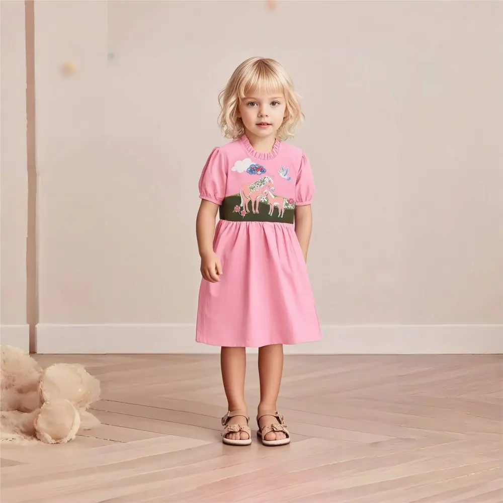 Adorable Charming Pink Kids' Dress Short Puff - Sleeved Dress for Little Girls with Horse - themed Embroidery