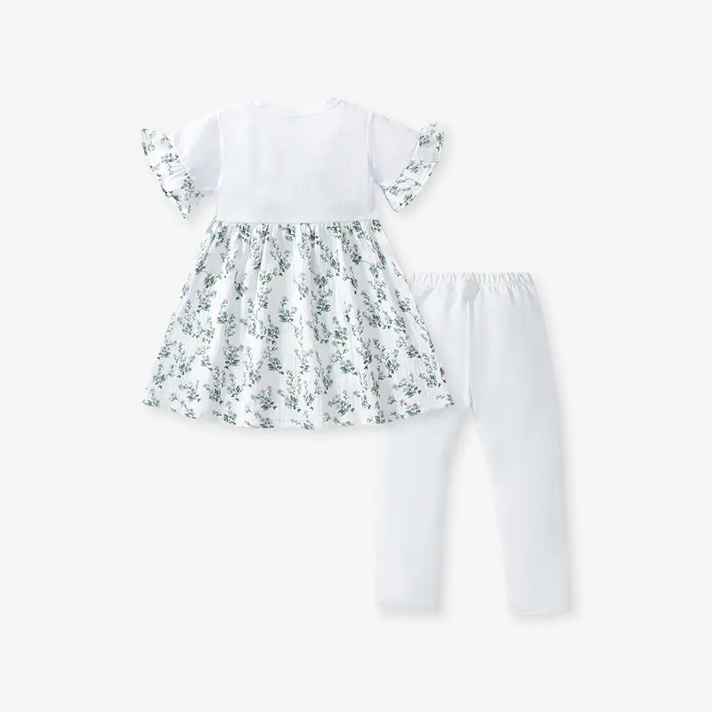 2Pcs Girls' Cute Floral Print Short Sleeve Dress and Pants Set Ruffled Sleeves, Comfortable Kids' Outfit