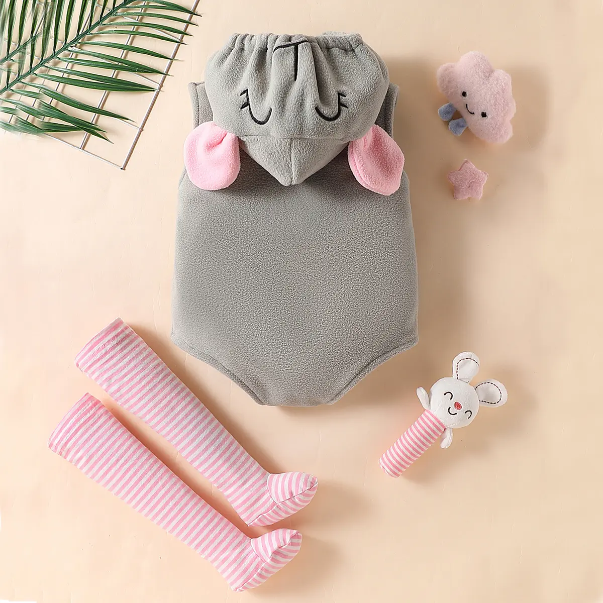 Cartoon Little Elephant Mouse Costume for Baby Infant Girls Hooded Sleeveless Short Romper With Pink Striped Stockings