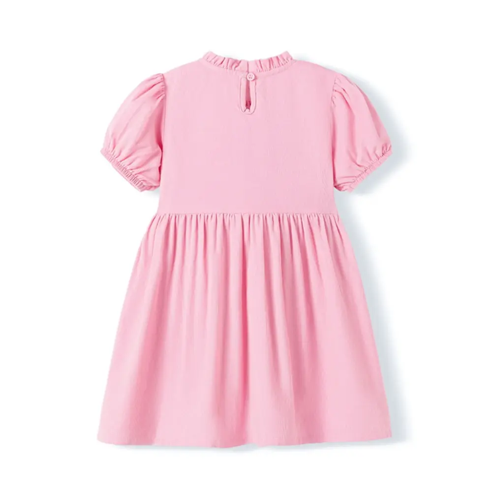 Adorable Charming Pink Kids' Dress Short Puff - Sleeved Dress for Little Girls with Horse - themed Embroidery