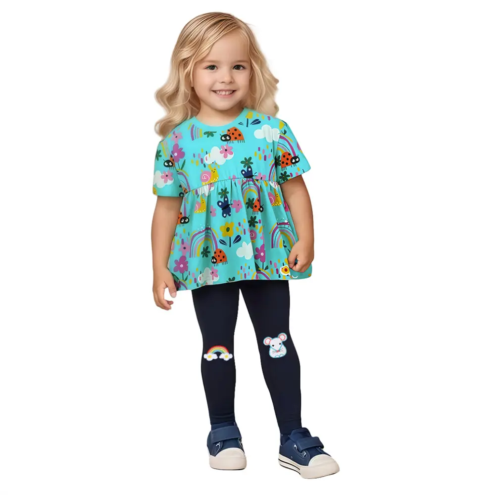 2Pcs Girls' Short Sleeve Floral Print Dress with Rainbow & Insect Patterns + Matching Leggings Adorable Kids' Outfit