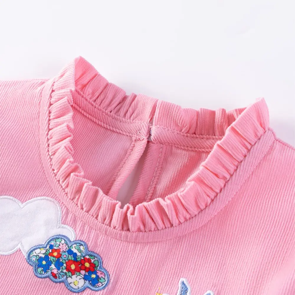 Adorable Charming Pink Kids' Dress Short Puff - Sleeved Dress for Little Girls with Horse - themed Embroidery