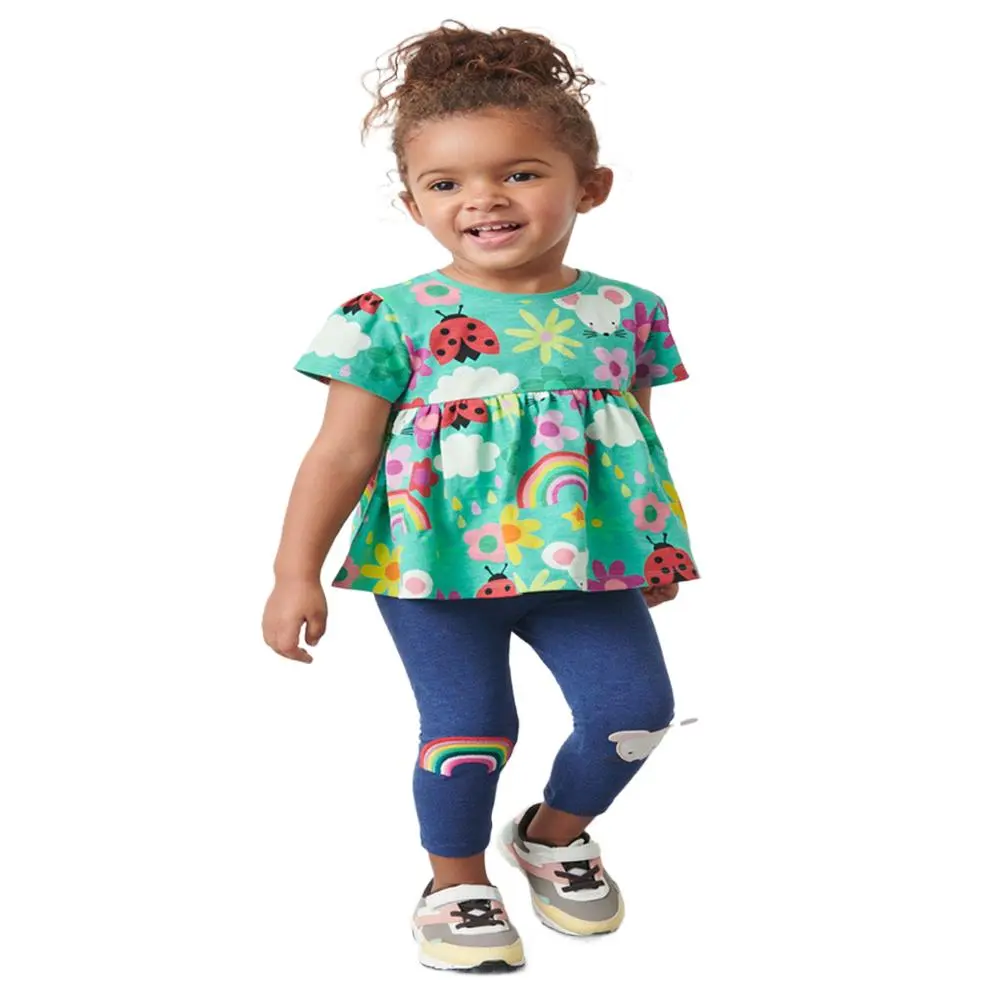 2Pcs Girls' Short Sleeve Floral Print Dress with Rainbow & Insect Patterns + Matching Leggings Adorable Kids' Outfit