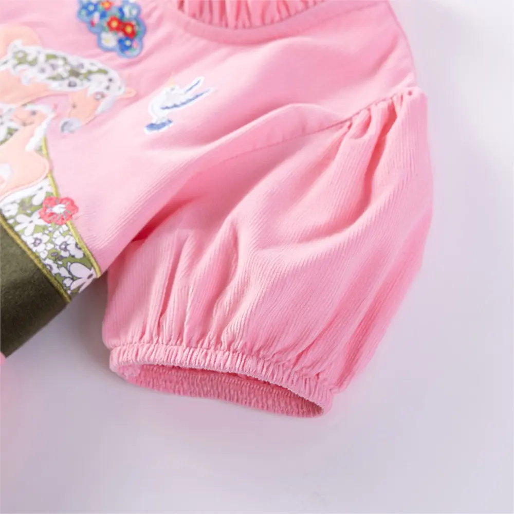 Adorable Charming Pink Kids' Dress Short Puff - Sleeved Dress for Little Girls with Horse - themed Embroidery