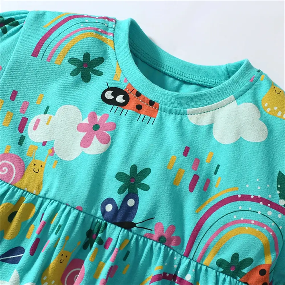 2Pcs Girls' Short Sleeve Floral Print Dress with Rainbow & Insect Patterns + Matching Leggings Adorable Kids' Outfit