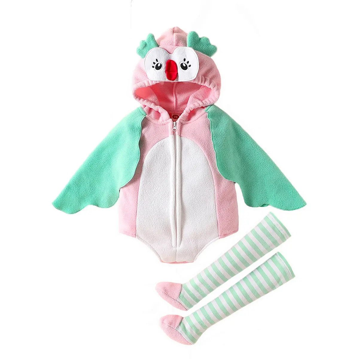 0-24M Baby Girl's Owl Costume Romper + Stockings Cape Sleeve Green Pink Contrast Color Infant Girls Boys Halloween Clothes