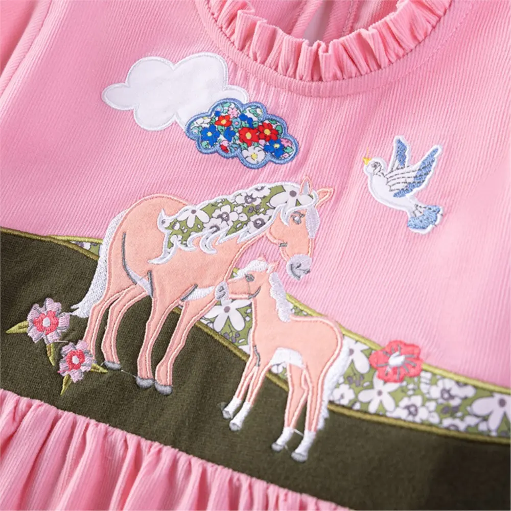 Adorable Charming Pink Kids' Dress Short Puff - Sleeved Dress for Little Girls with Horse - themed Embroidery