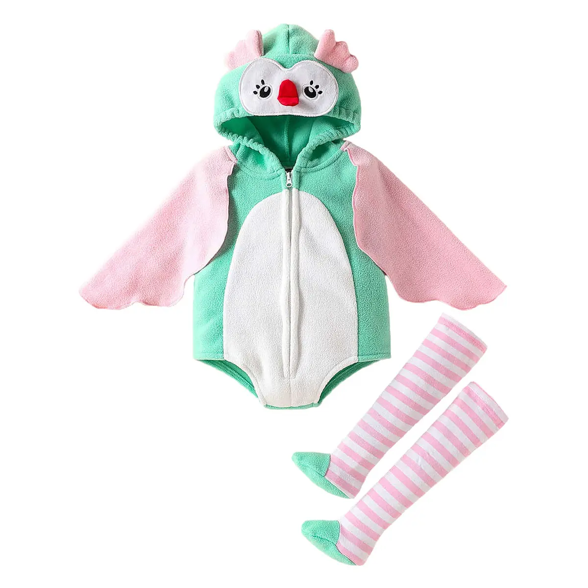 0-24M Baby Girl's Owl Costume Romper + Stockings Cape Sleeve Green Pink Contrast Color Infant Girls Boys Halloween Clothes