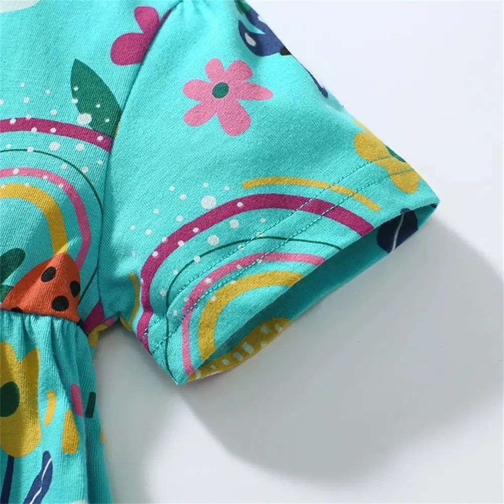 2Pcs Girls' Short Sleeve Floral Print Dress with Rainbow & Insect Patterns + Matching Leggings Adorable Kids' Outfit