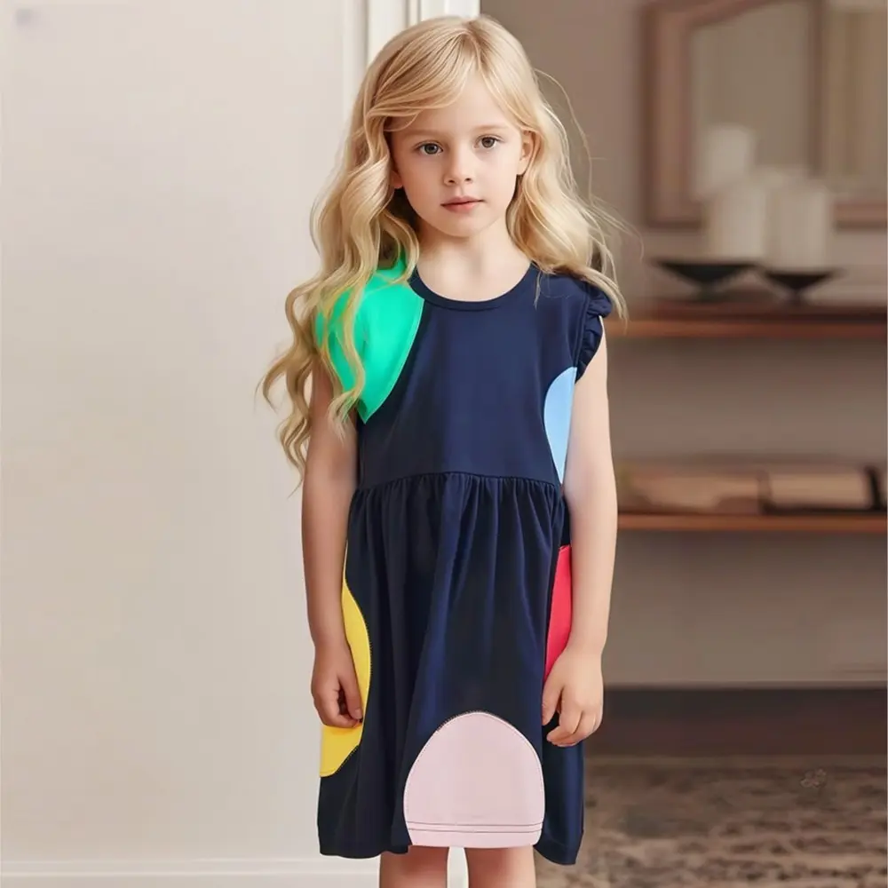 Girls' Navy Blue Sleeveless Dress - with Ruffled Shoulders and Colorful Circle Patchwork Design - Suitable for Ages 2-7y