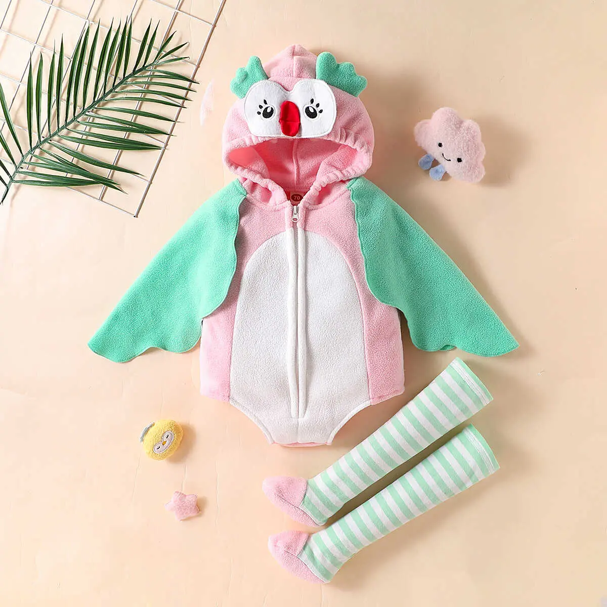 0-24M Baby Girl's Owl Costume Romper + Stockings Cape Sleeve Green Pink Contrast Color Infant Girls Boys Halloween Clothes