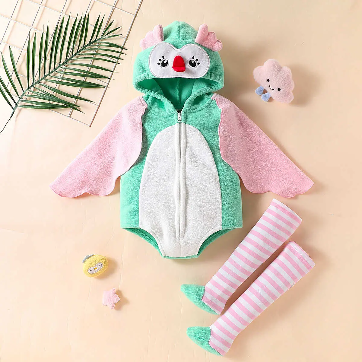 0-24M Baby Girl's Owl Costume Romper + Stockings Cape Sleeve Green Pink Contrast Color Infant Girls Boys Halloween Clothes