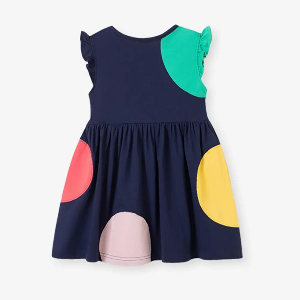 Girls' Navy Blue Sleeveless Dress - with Ruffled Shoulders and Colorful Circle Patchwork Design - Suitable for Ages 2-7y