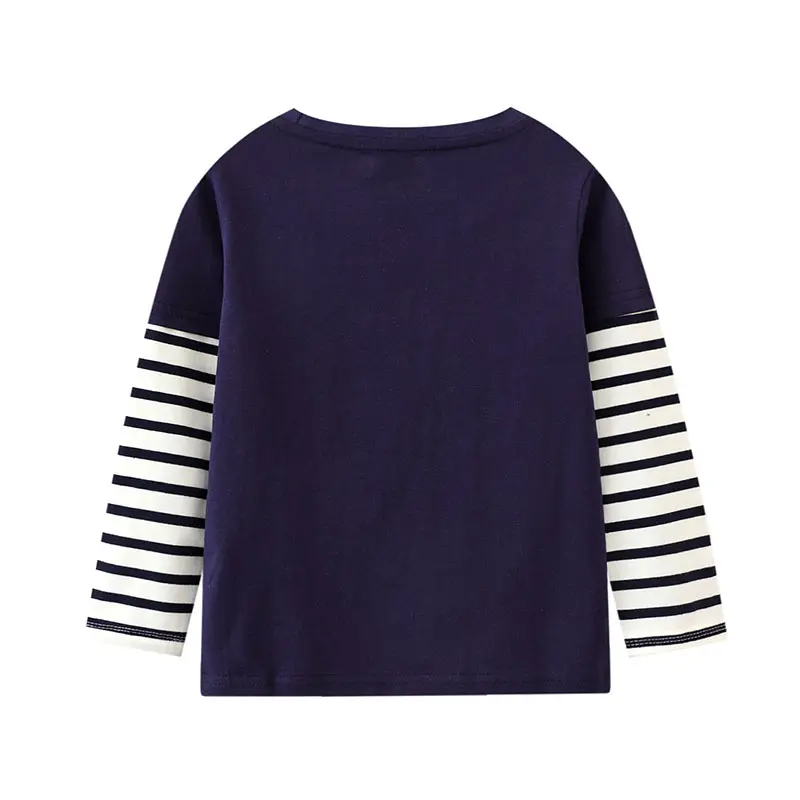 Boys' Long Sleeve T- shirt - Navy Blue Body with Striped Sleeves Colorful Construction Vehicle Print - Suitable for Ages 2 - 7Y