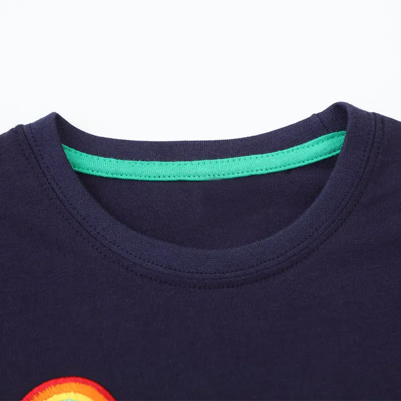 Boys' Long Sleeve T- shirt - Navy Blue Body with Striped Sleeves Colorful Construction Vehicle Print - Suitable for Ages 2 - 7Y
