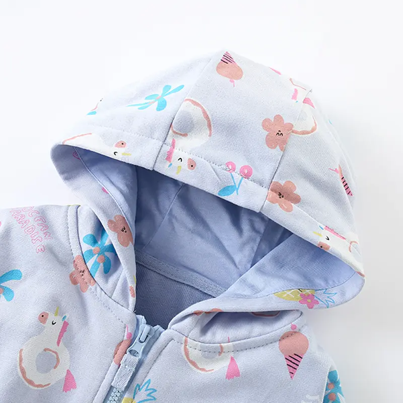 Stylish Children's Hooded Zip Jacket Light Blue Base with Pineapple, Flamingo & More Prints