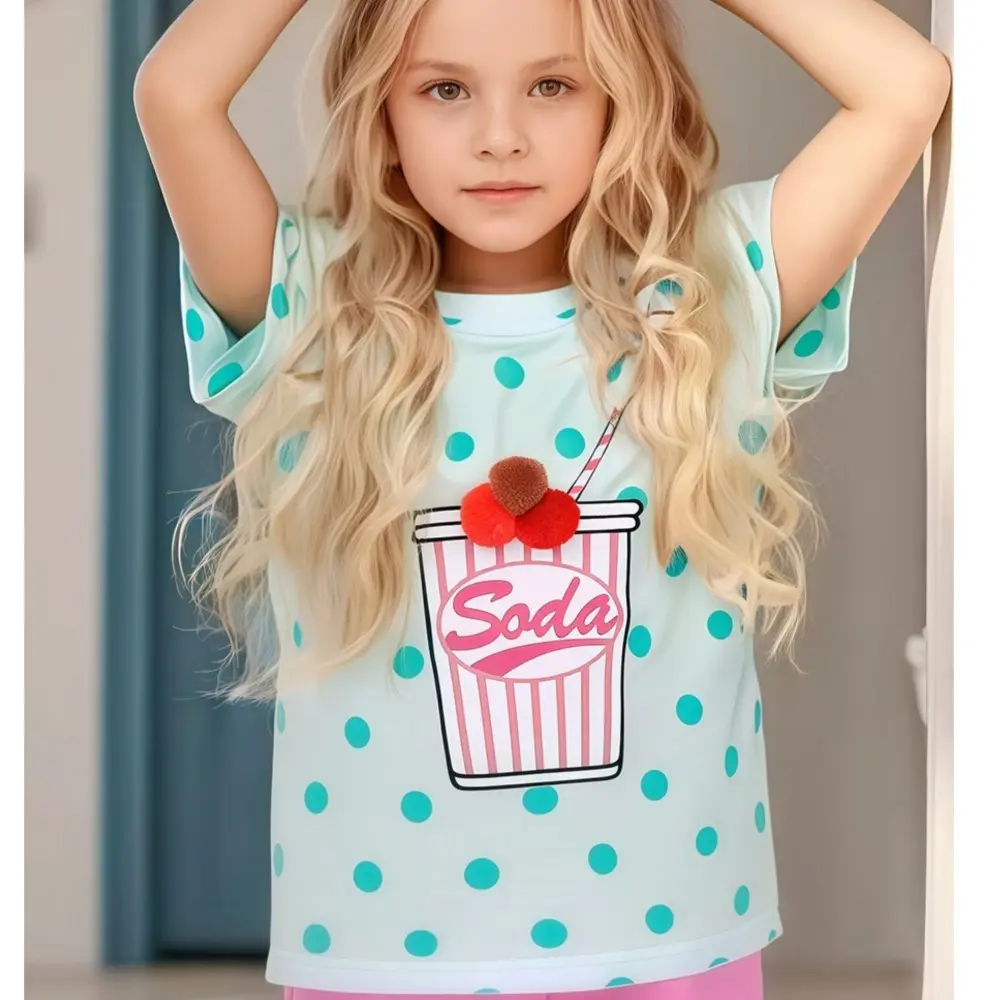 Girls' Light Blue Short - Sleeve T - shirt - with Turquoise Polka Dots and Soda Cup Print - Suitable for Ages 2-7t