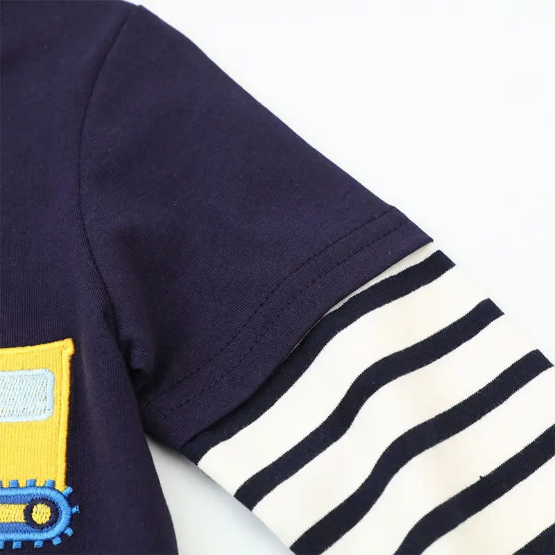 Boys' Long Sleeve T- shirt - Navy Blue Body with Striped Sleeves Colorful Construction Vehicle Print - Suitable for Ages 2 - 7Y
