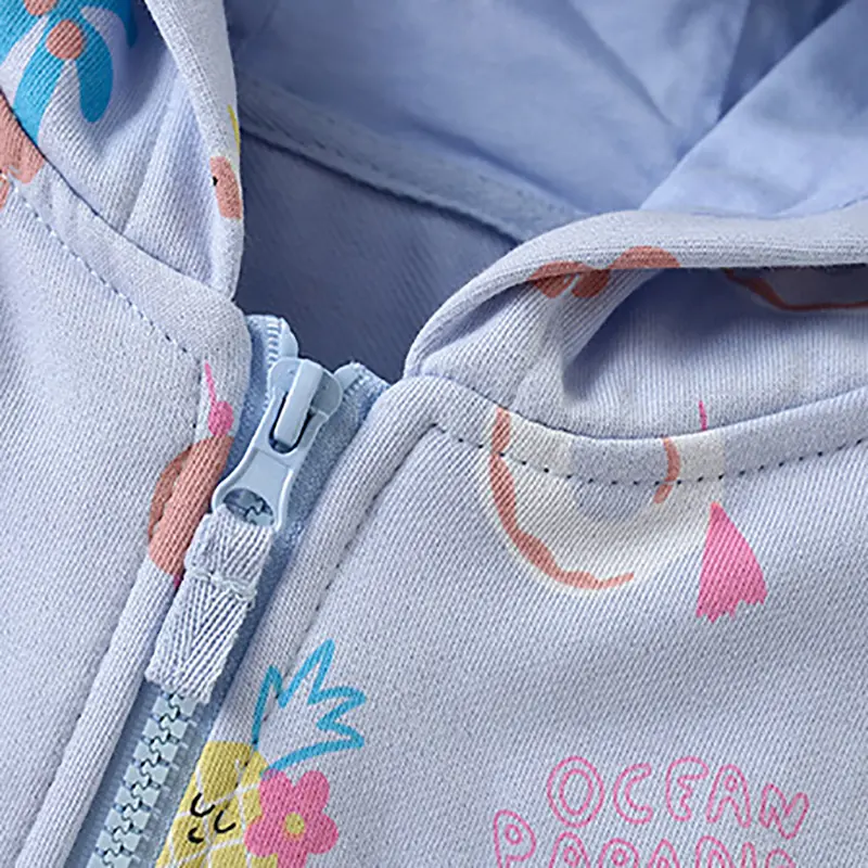Stylish Children's Hooded Zip Jacket Light Blue Base with Pineapple, Flamingo & More Prints