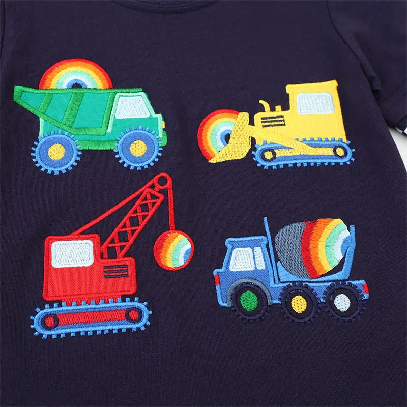 Boys' Long Sleeve T- shirt - Navy Blue Body with Striped Sleeves Colorful Construction Vehicle Print - Suitable for Ages 2 - 7Y
