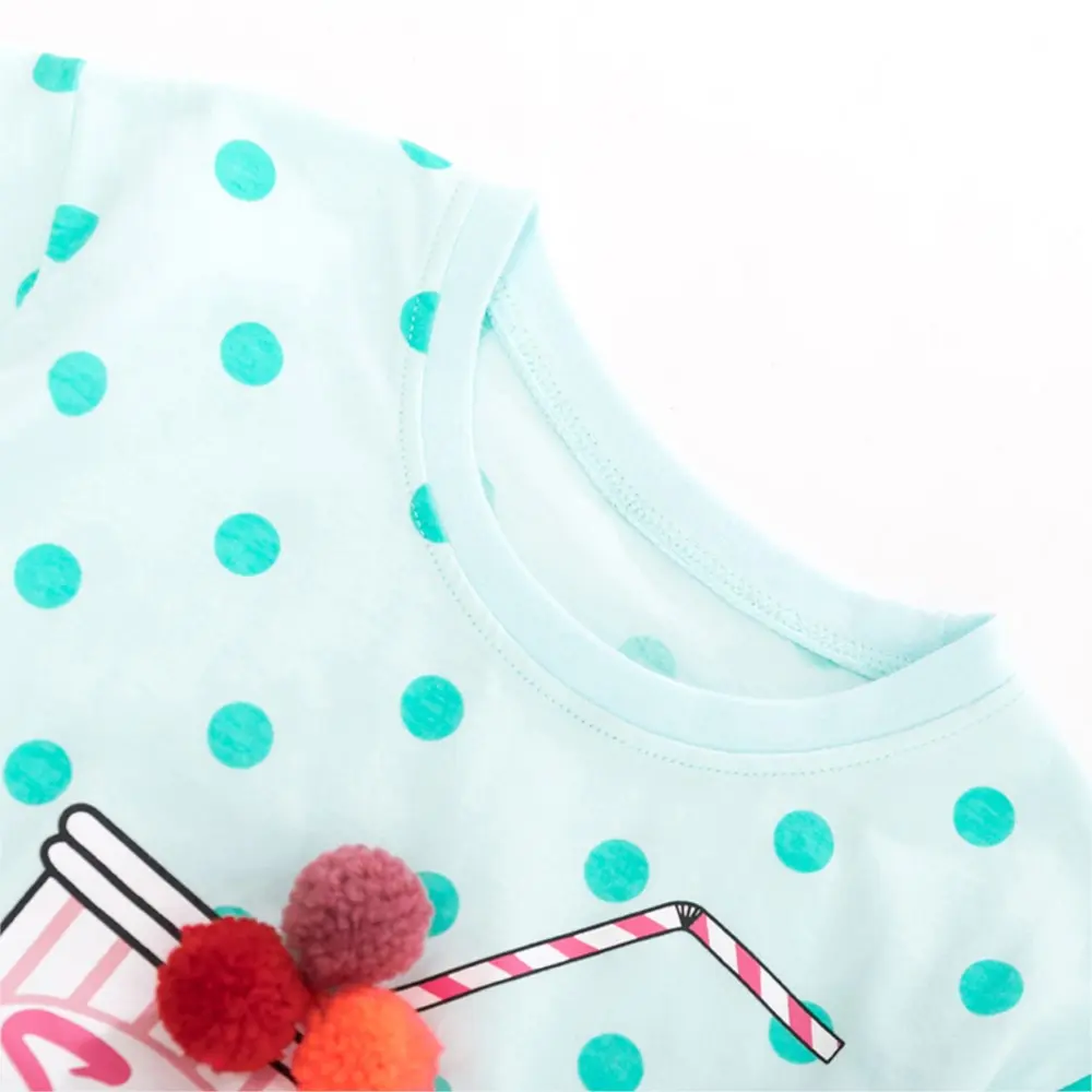 Girls' Light Blue Short - Sleeve T - shirt - with Turquoise Polka Dots and Soda Cup Print - Suitable for Ages 2-7t