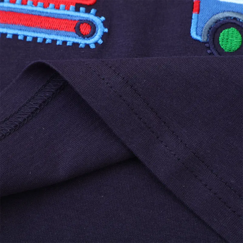 Boys' Long Sleeve T- shirt - Navy Blue Body with Striped Sleeves Colorful Construction Vehicle Print - Suitable for Ages 2 - 7Y