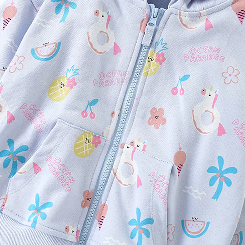 Stylish Children's Hooded Zip Jacket Light Blue Base with Pineapple, Flamingo & More Prints