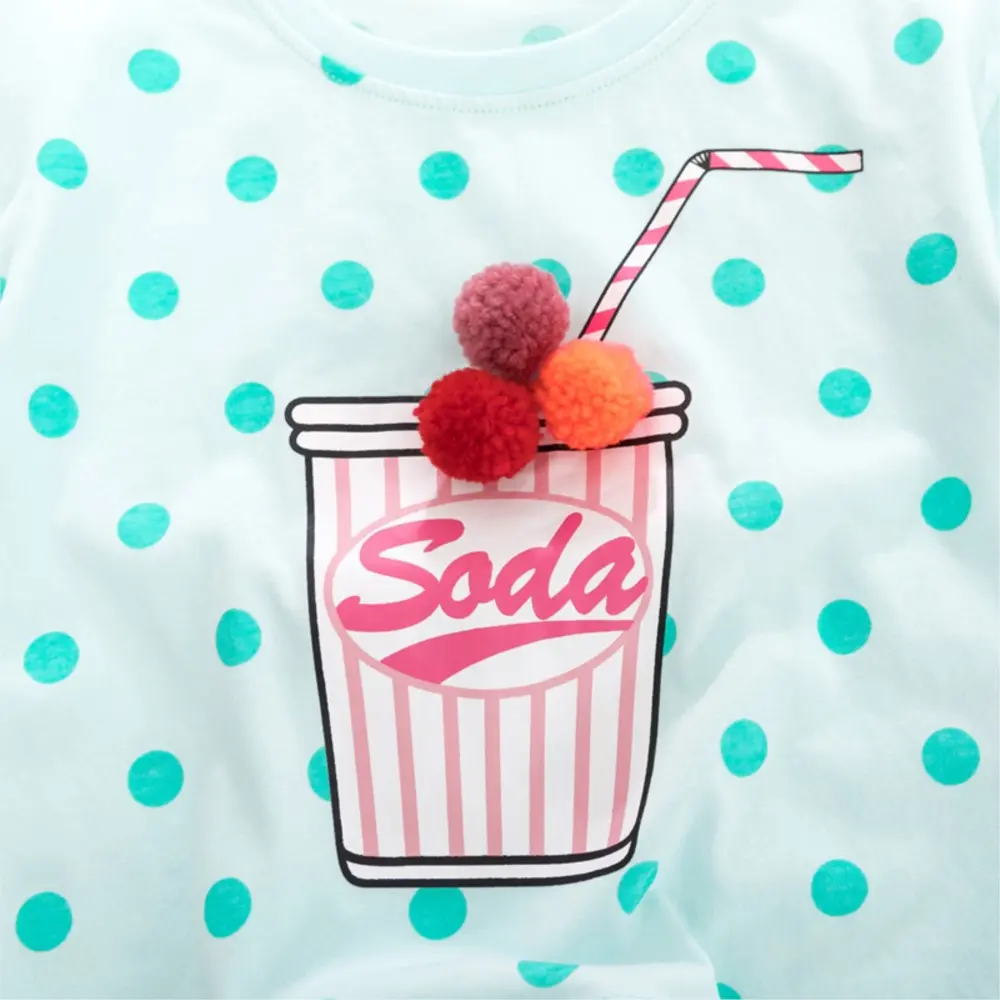 Girls' Light Blue Short - Sleeve T - shirt - with Turquoise Polka Dots and Soda Cup Print - Suitable for Ages 2-7t