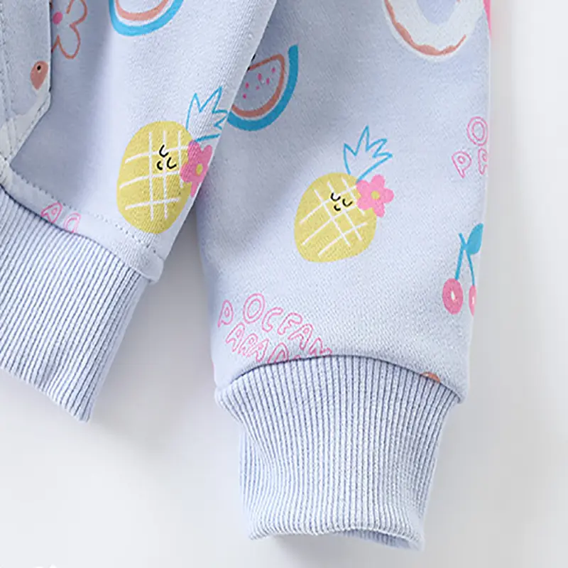 Stylish Children's Hooded Zip Jacket Light Blue Base with Pineapple, Flamingo & More Prints