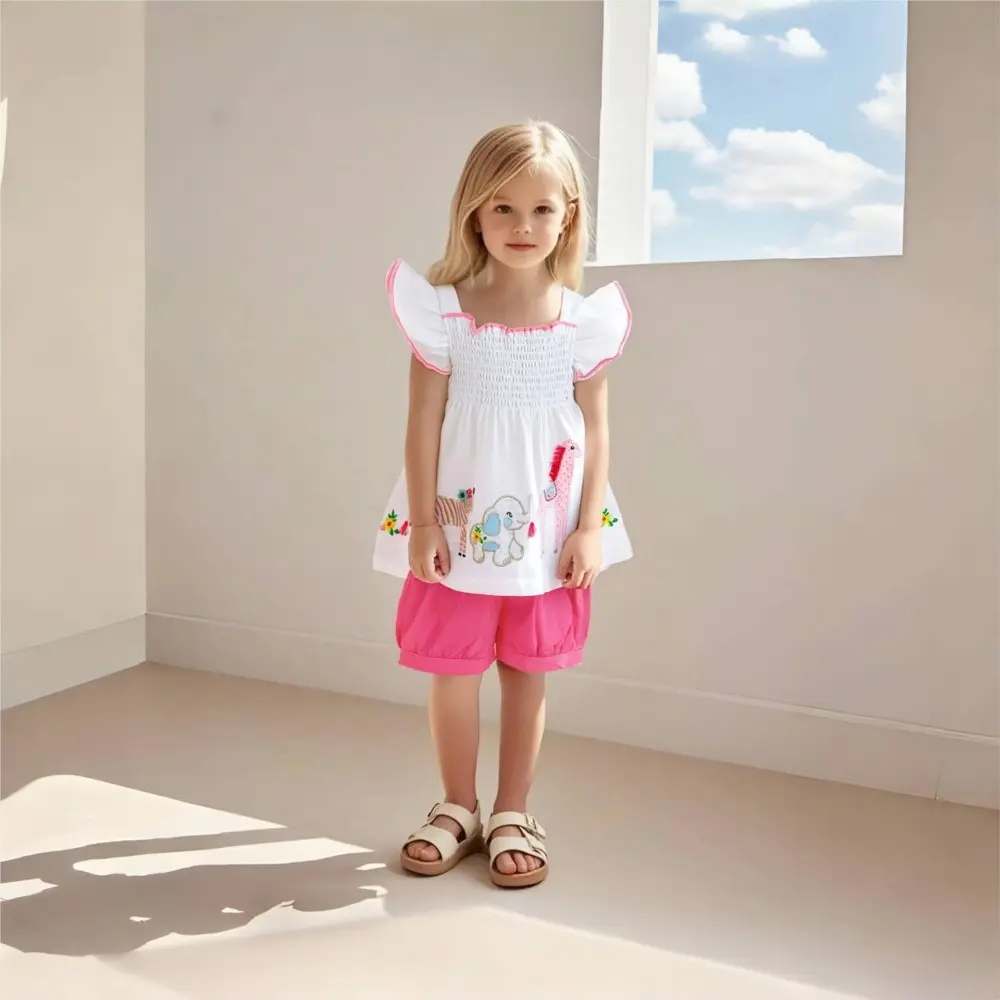 Girls' Sleeveless Outfit - with White Smocked - bodice Top (Animal Embroidery and Ruffled Straps) and Matching Pink Shorts