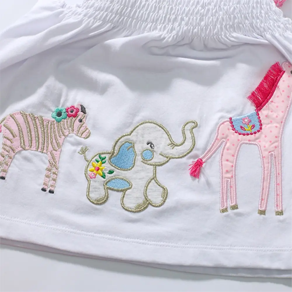 Girls' Sleeveless Outfit - with White Smocked - bodice Top (Animal Embroidery and Ruffled Straps) and Matching Pink Shorts