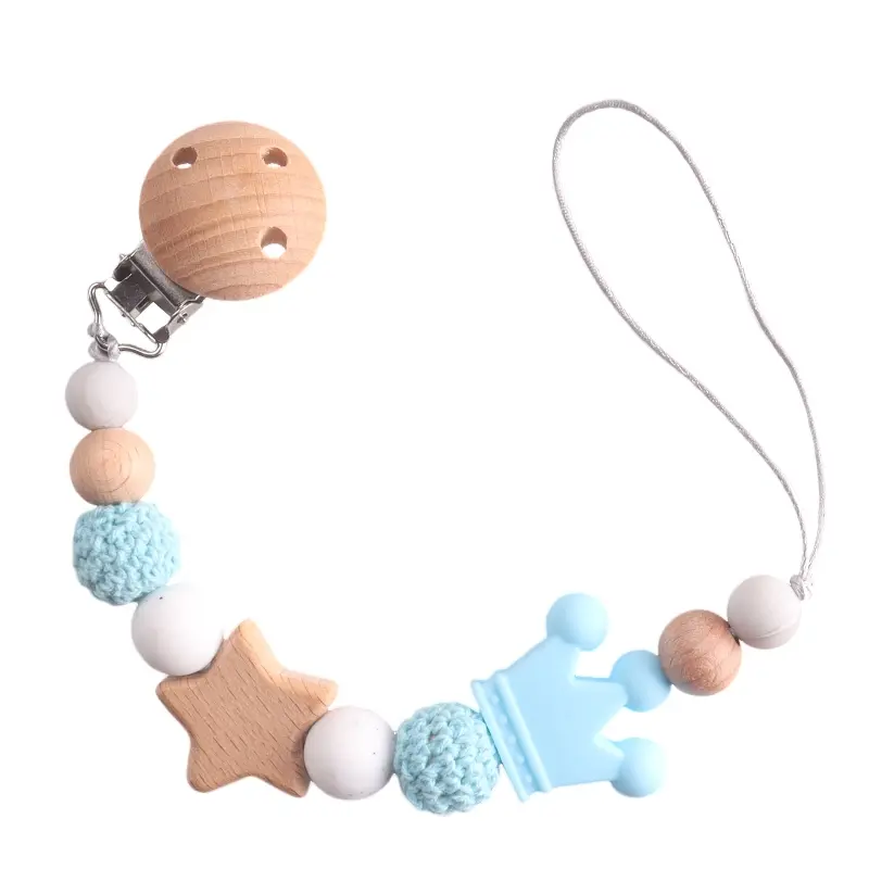 Food Grade Baby Pacifier Clip Chain Silicone Wood Star Round Beaded Teething Nipple Holder Chain For Care Chew Toy Shower Gifts
