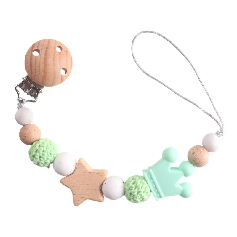 Food Grade Baby Pacifier Clip Chain Silicone Wood Star Round Beaded Teething Nipple Holder Chain For Care Chew Toy Shower Gifts