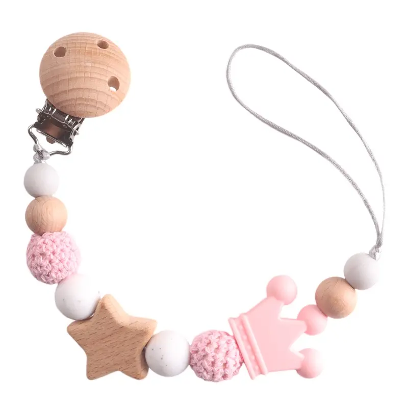 Food Grade Baby Pacifier Clip Chain Silicone Wood Star Round Beaded Teething Nipple Holder Chain For Care Chew Toy Shower Gifts