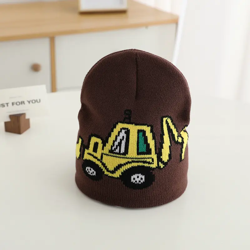 Cute Cartoon Excavator Pattern Knitted Beanies for Kids 2-8Y