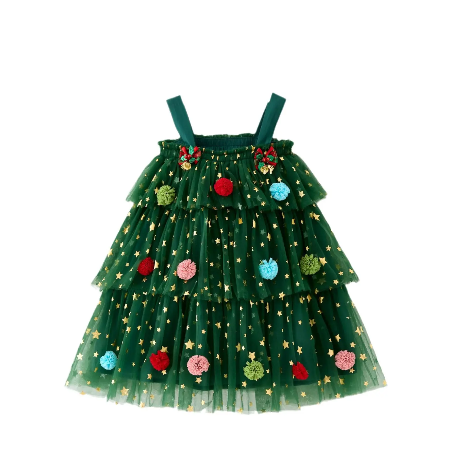 Baby Girl Christmas Tree Elements Costume Flower Glitter Star Christmas Bells Decoration Spaghetti Strap Mesh Patchwork Dress