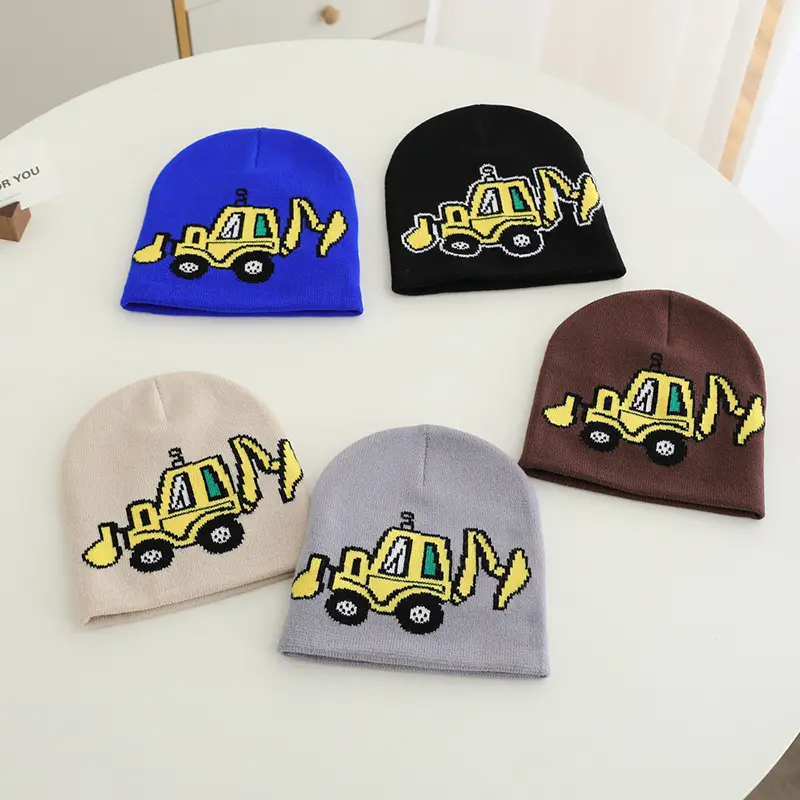 Cute Cartoon Excavator Pattern Knitted Beanies for Kids 2-8Y