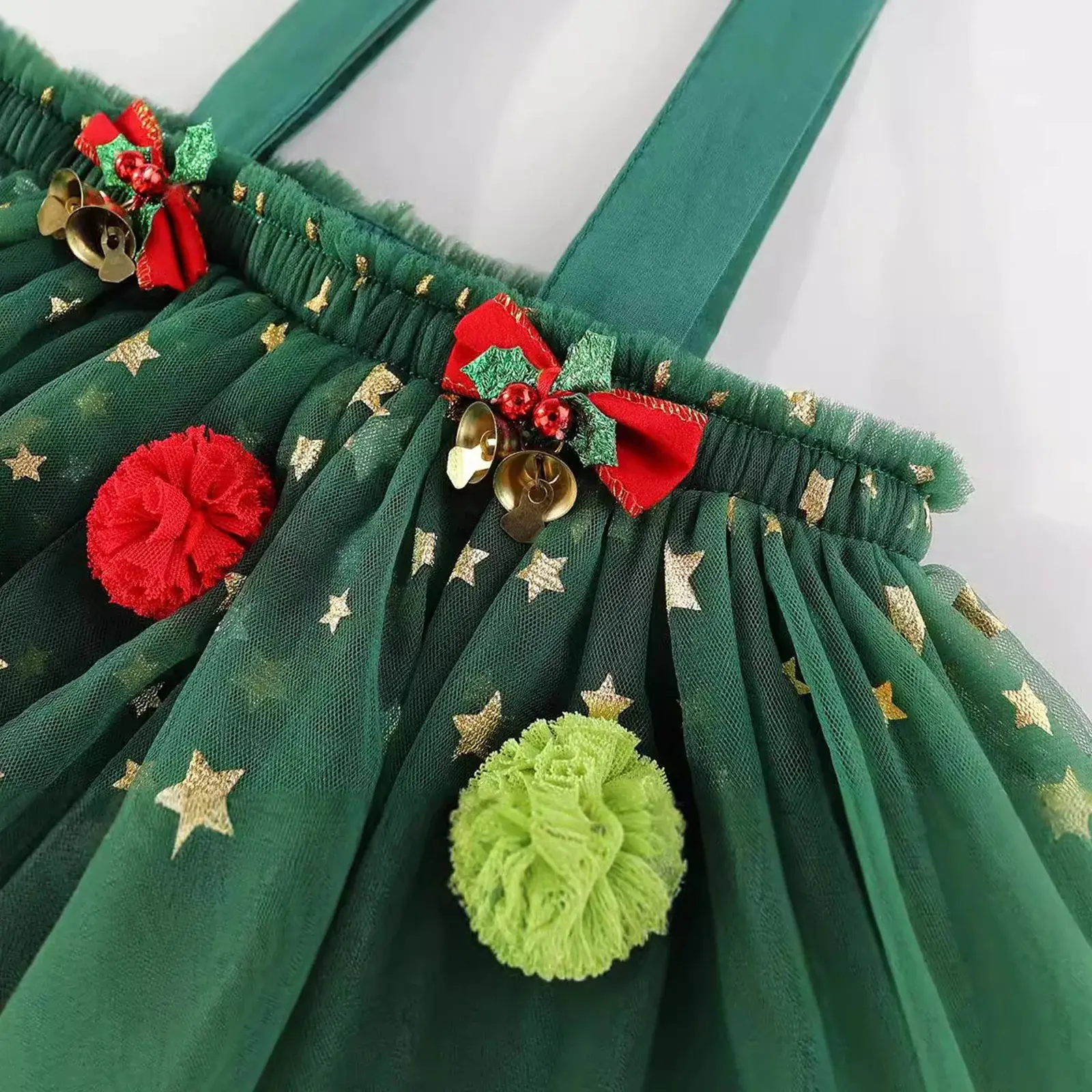 Baby Girl Christmas Tree Elements Costume Flower Glitter Star Christmas Bells Decoration Spaghetti Strap Mesh Patchwork Dress