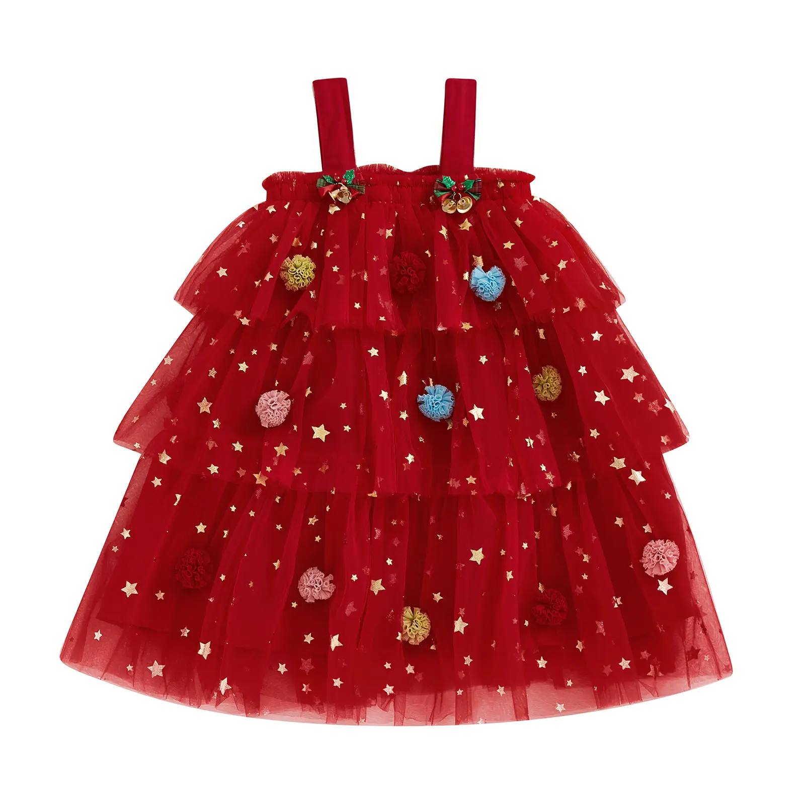 Baby Girl Christmas Tree Elements Costume Flower Glitter Star Christmas Bells Decoration Spaghetti Strap Mesh Patchwork Dress