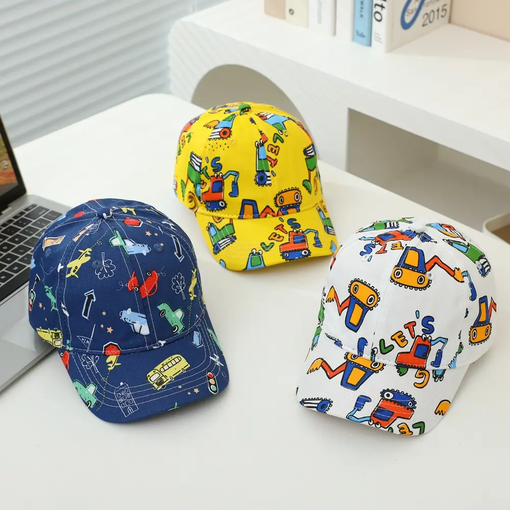 Adjustable Sports Hats Colorful Cartoon Construction Vehicle Patterned Kids' Baseball Caps for 2-8Years