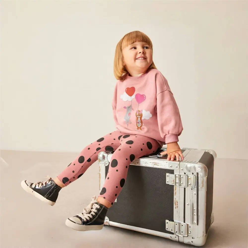 2Pcs Sweet Girls' Pink Sweatshirt & Polka Dot Pants Set Long Sleeve Top Adorable Bunny & Heart Balloon Embroidery