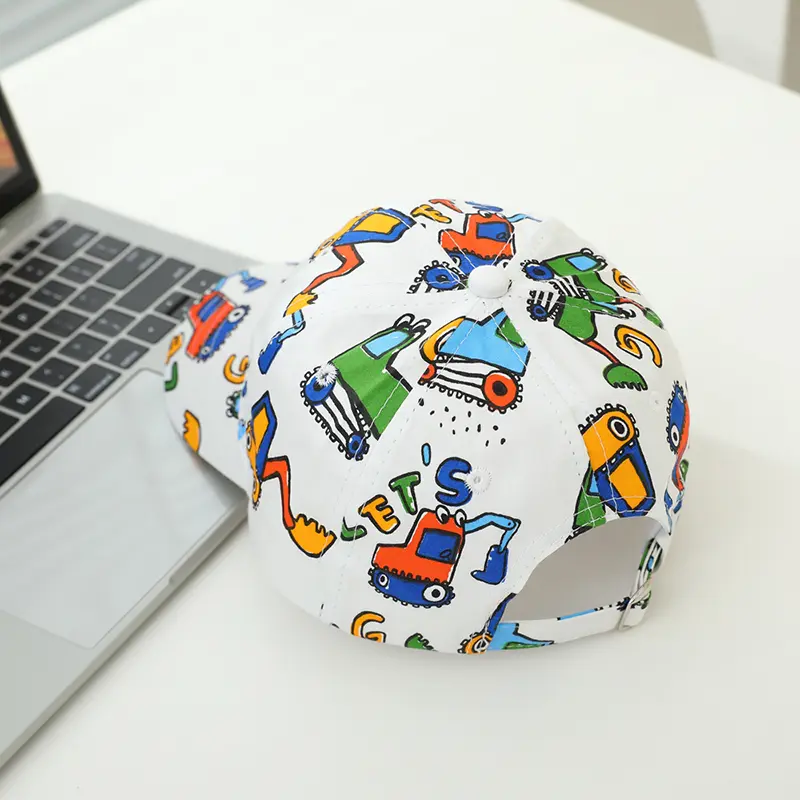 Adjustable Sports Hats Colorful Cartoon Construction Vehicle Patterned Kids' Baseball Caps for 2-8Years